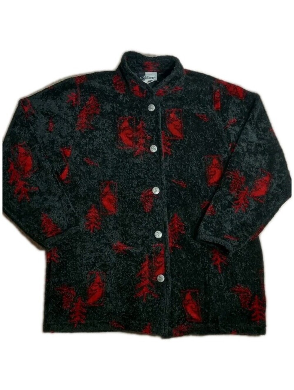 Vintage Artisans Cardinal Button Down Fleece Cozy Cardigan Sweater Black Red L
